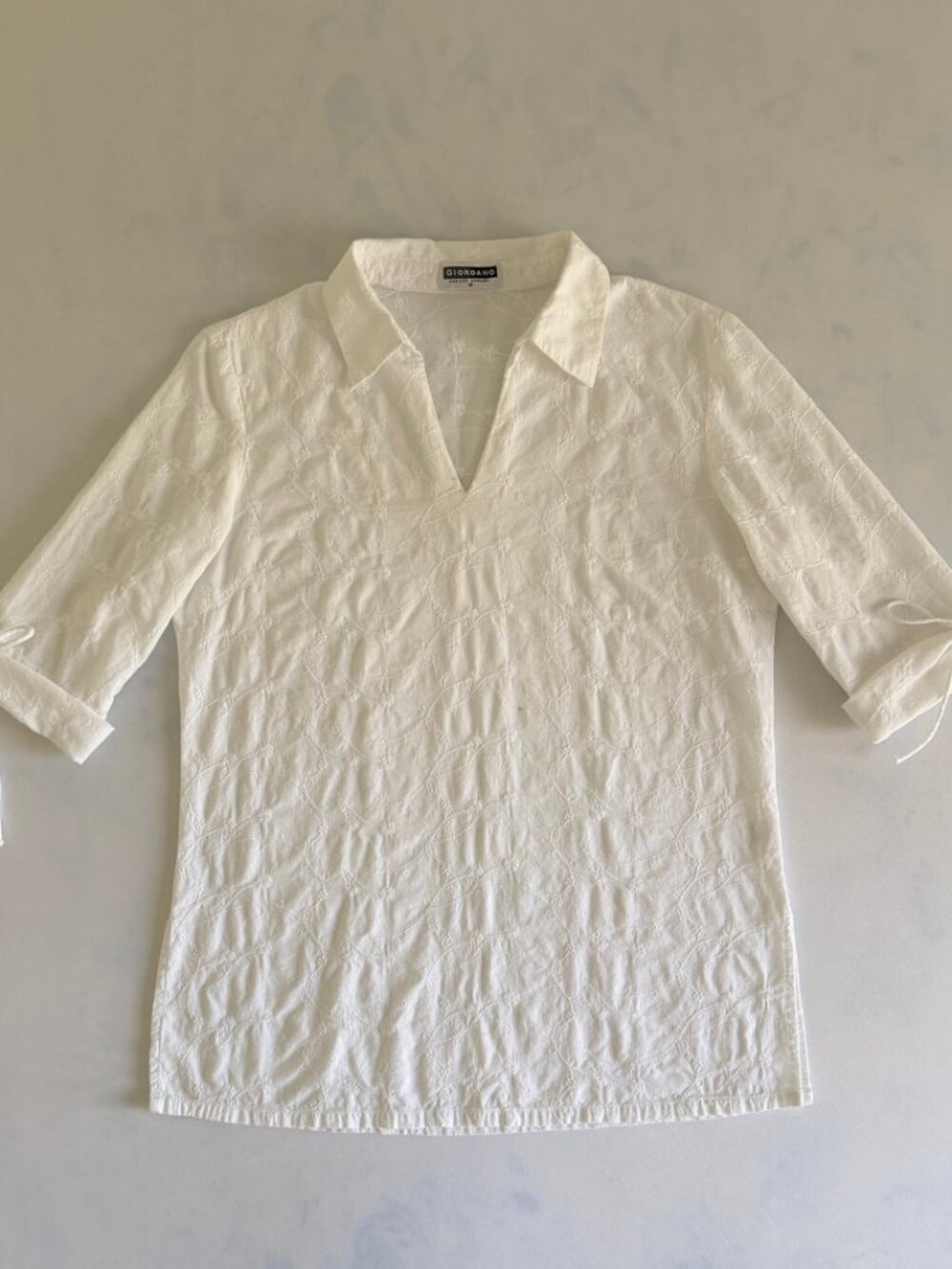 Giordano 100% Cotton White Embroidered Floral Blouse